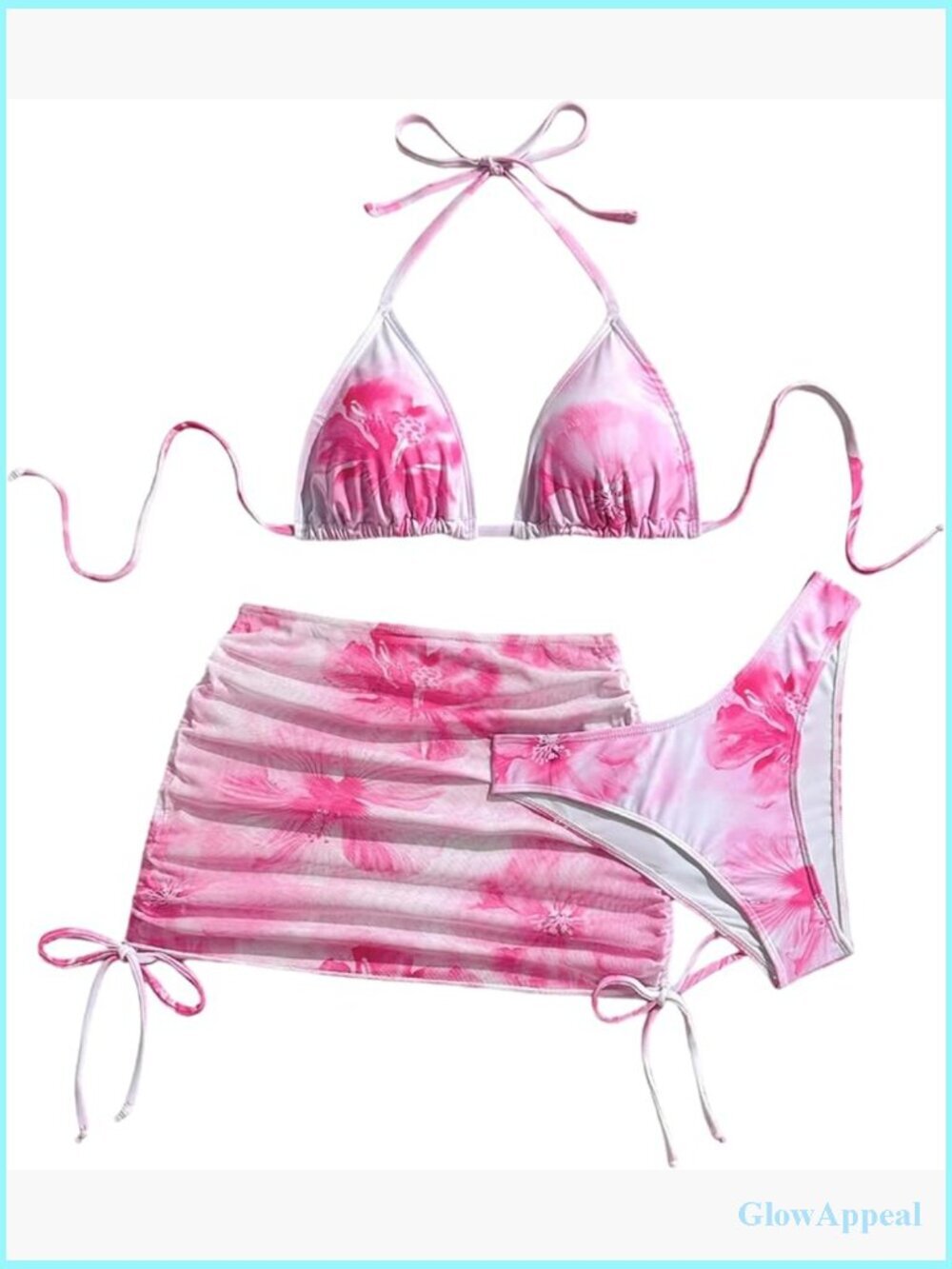 3 Piece Floral Bikini Set with Mesh Cover Up Skirt
